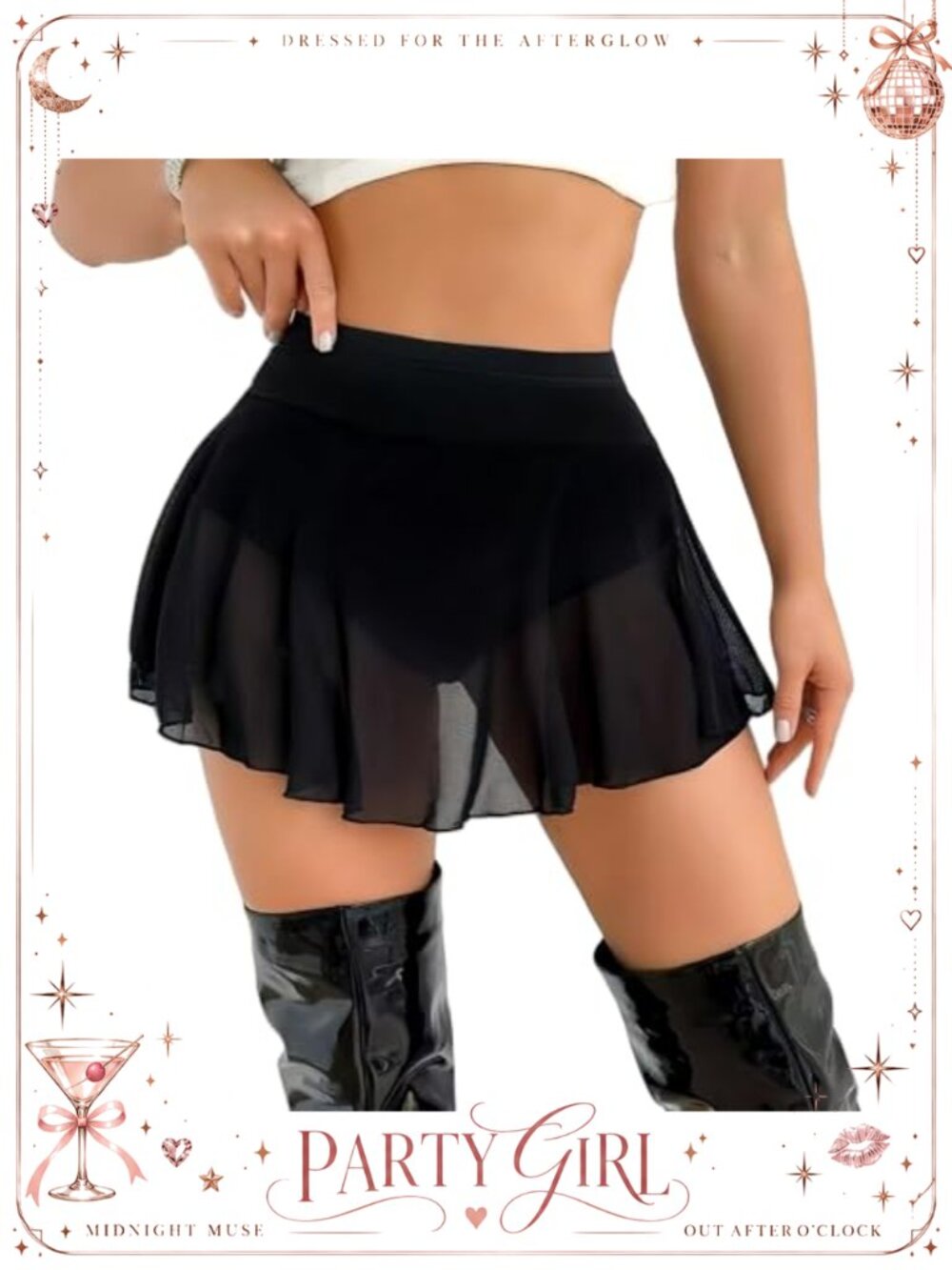 Women's Sheer Mesh Mini Skort Pleated A-Line Ruffle Party Clubwear